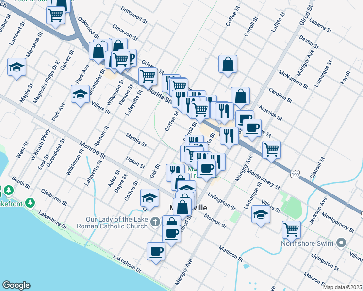map of restaurants, bars, coffee shops, grocery stores, and more near 751 Carroll Street in Mandeville