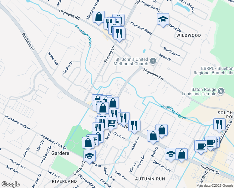 map of restaurants, bars, coffee shops, grocery stores, and more near 8457 Bayou Fountain Avenue in Baton Rouge