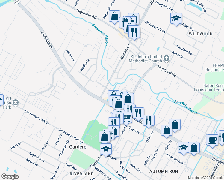 map of restaurants, bars, coffee shops, grocery stores, and more near 8219 Bayou Fountain Avenue in Baton Rouge