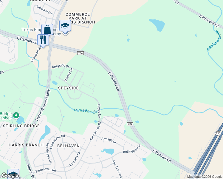 map of restaurants, bars, coffee shops, grocery stores, and more near East Parmer Lane in Manor