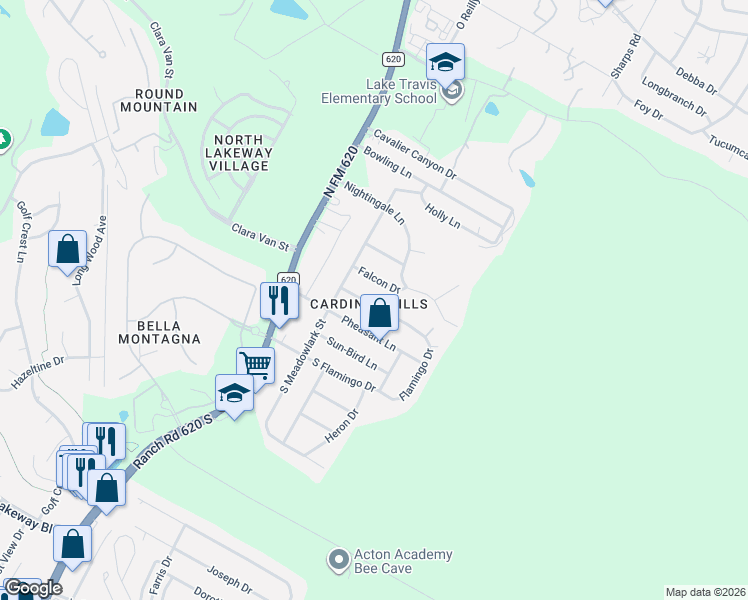 map of restaurants, bars, coffee shops, grocery stores, and more near 15200 North Flamingo Drive in Austin