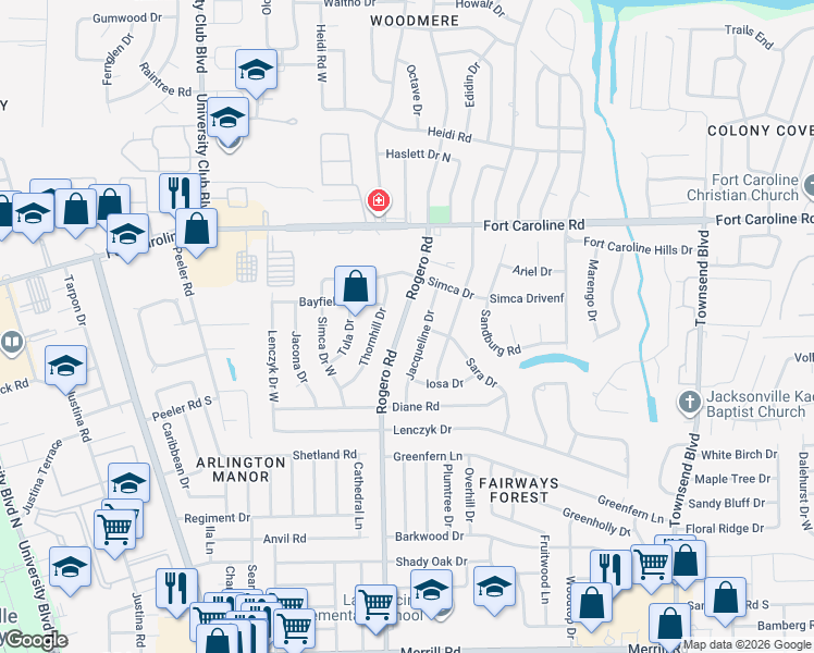 map of restaurants, bars, coffee shops, grocery stores, and more near 3488 Jacqueline Drive in Jacksonville