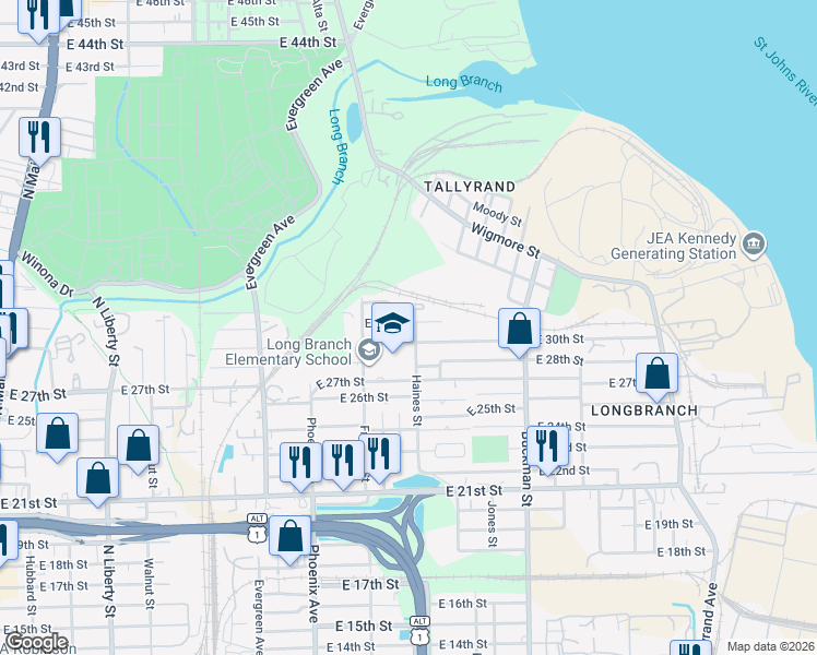 map of restaurants, bars, coffee shops, grocery stores, and more near 1330 East 31st Street in Jacksonville