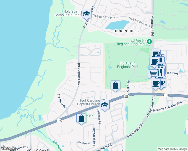 map of restaurants, bars, coffee shops, grocery stores, and more near 11188 Ridgetop Lane in Jacksonville
