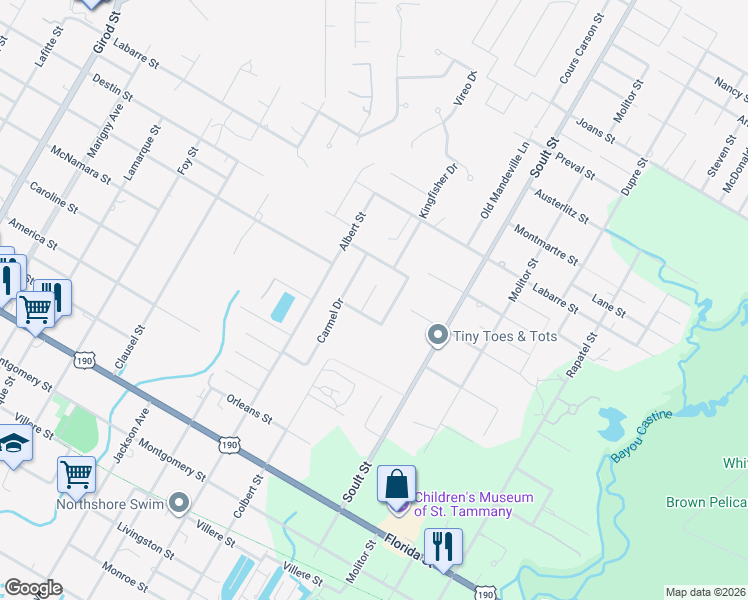 map of restaurants, bars, coffee shops, grocery stores, and more near 535 Buttonwillow Court in Mandeville