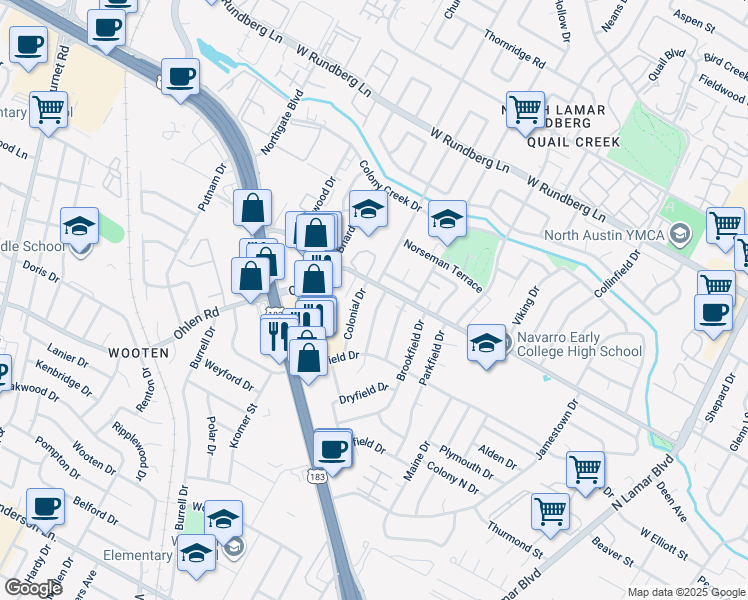 map of restaurants, bars, coffee shops, grocery stores, and more near 8806 Clarewood Drive in Austin