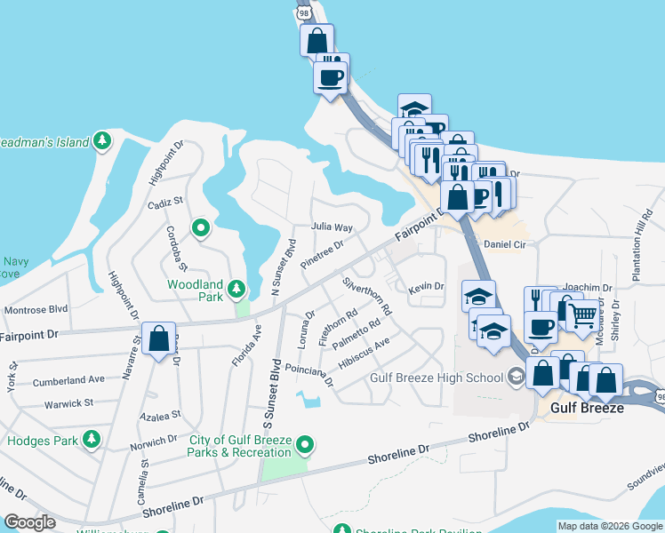 map of restaurants, bars, coffee shops, grocery stores, and more near 118-128 Fairpoint Dr in Gulf Breeze