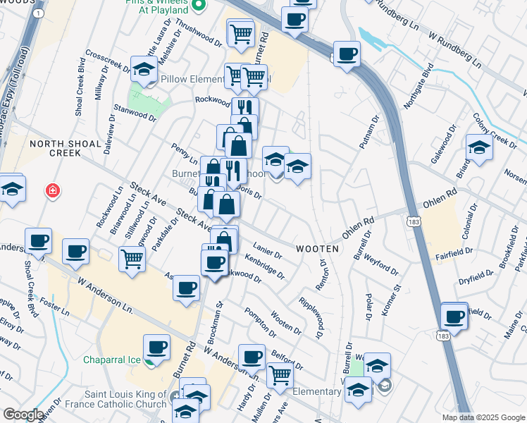 map of restaurants, bars, coffee shops, grocery stores, and more near 8311 Hathaway Drive in Austin
