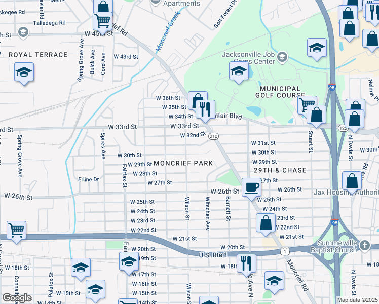 map of restaurants, bars, coffee shops, grocery stores, and more near 1525 West 30th Street in Jacksonville