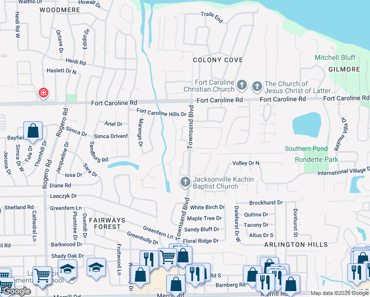 map of restaurants, bars, coffee shops, grocery stores, and more near 3450 Townsend Boulevard in Jacksonville