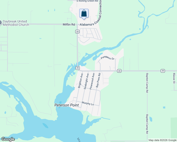 map of restaurants, bars, coffee shops, grocery stores, and more near 24888 County Road 20 in Elberta