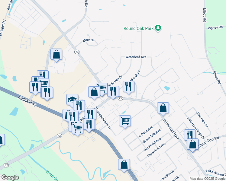 map of restaurants, bars, coffee shops, grocery stores, and more near 9524 Round Oak Drive in Baton Rouge