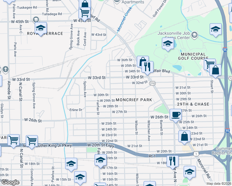 map of restaurants, bars, coffee shops, grocery stores, and more near 1637 West 30th Street in Jacksonville