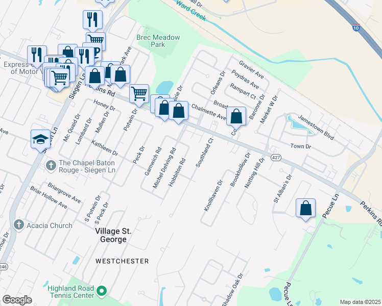 map of restaurants, bars, coffee shops, grocery stores, and more near 1944 Hobbiton Road in Baton Rouge