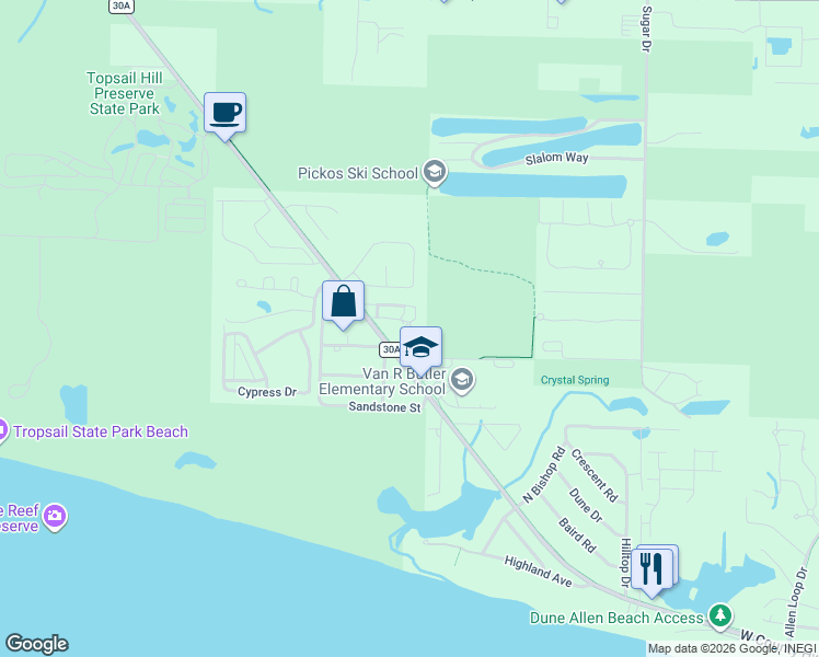 map of restaurants, bars, coffee shops, grocery stores, and more near 119 Topsail Village Drive in Santa Rosa Beach