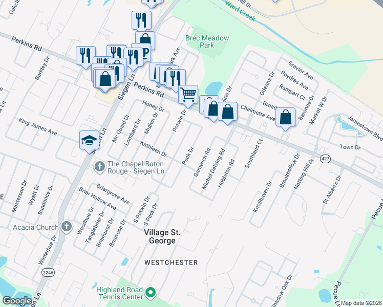 map of restaurants, bars, coffee shops, grocery stores, and more near 1862 Peck Drive in Baton Rouge