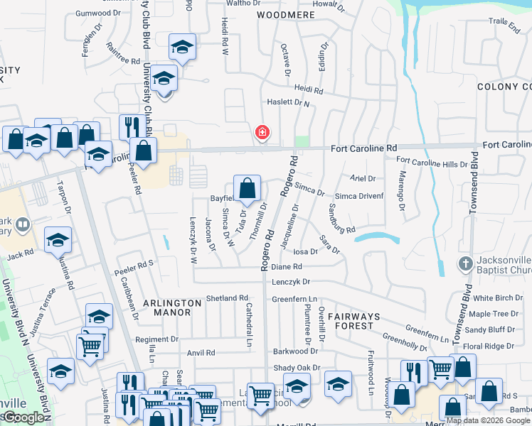map of restaurants, bars, coffee shops, grocery stores, and more near 3541 Thornhill Drive in Jacksonville