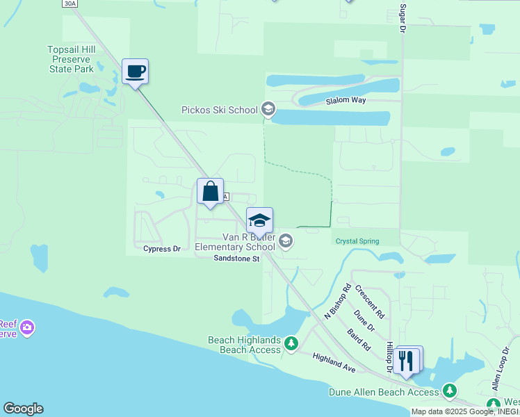 map of restaurants, bars, coffee shops, grocery stores, and more near 119 Topsail Village Drive in Santa Rosa Beach
