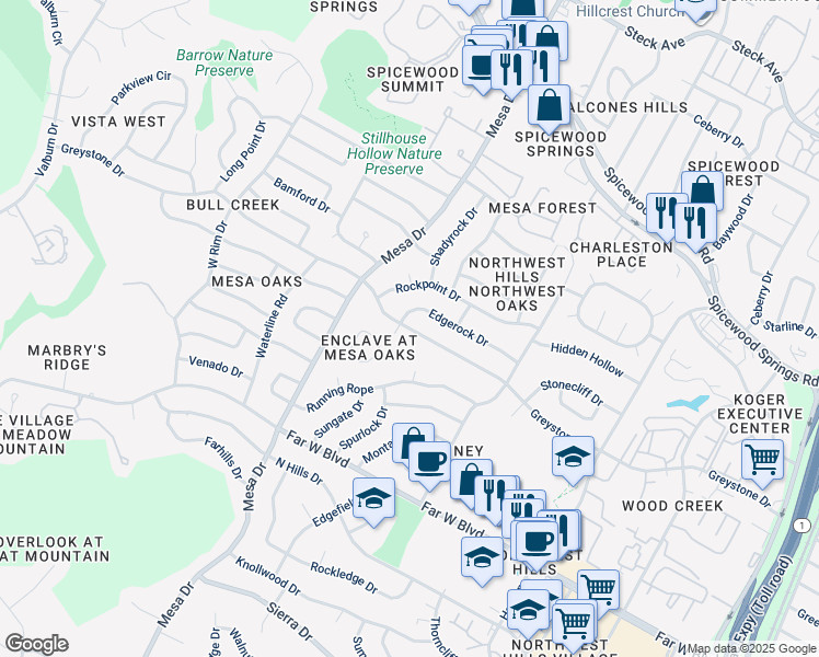 map of restaurants, bars, coffee shops, grocery stores, and more near Greystone Drive in Austin