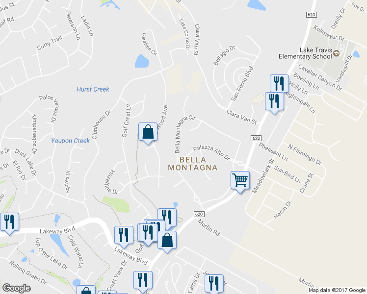map of restaurants, bars, coffee shops, grocery stores, and more near 304 Bella Montagna Circle in Austin