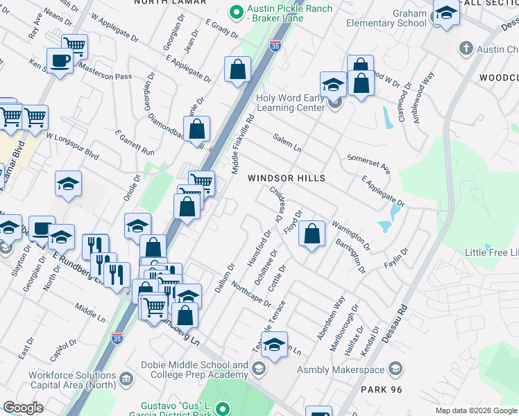 map of restaurants, bars, coffee shops, grocery stores, and more near 907 Chiswick Drive in Austin