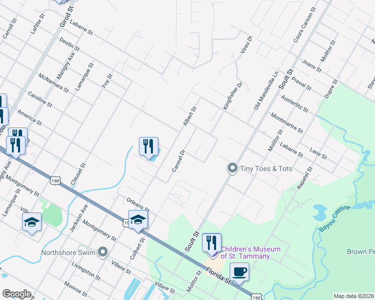 map of restaurants, bars, coffee shops, grocery stores, and more near 201 Carmel Drive in Mandeville