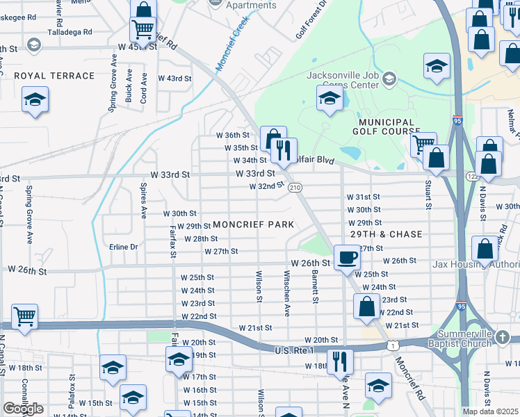 map of restaurants, bars, coffee shops, grocery stores, and more near 1525 West 30th Street in Jacksonville
