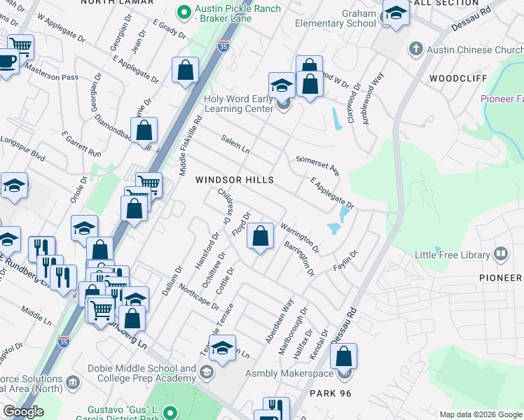 map of restaurants, bars, coffee shops, grocery stores, and more near 1104 Warrington Drive in Austin