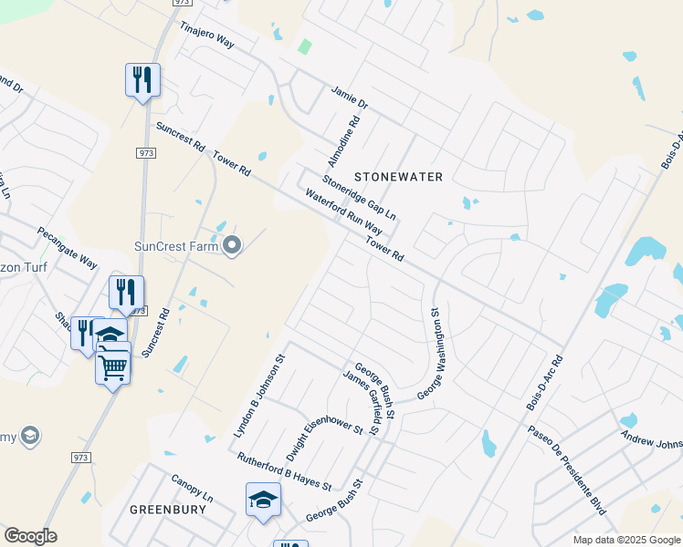 map of restaurants, bars, coffee shops, grocery stores, and more near 12407 Waterford Run Way in Manor