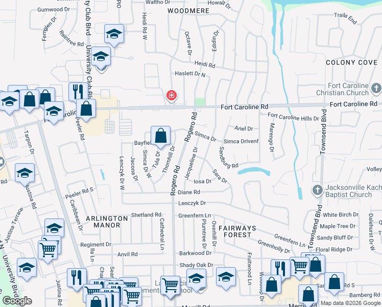 map of restaurants, bars, coffee shops, grocery stores, and more near 3488 Jacqueline Drive in Jacksonville