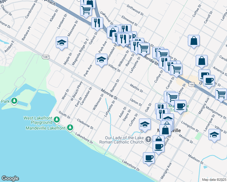 map of restaurants, bars, coffee shops, grocery stores, and more near 517 Ramon Street in Mandeville