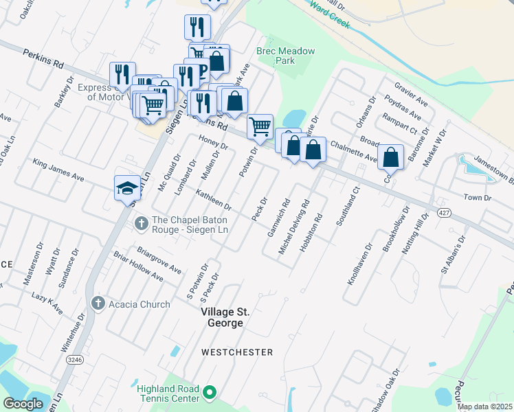 map of restaurants, bars, coffee shops, grocery stores, and more near 1855 Peck Drive in Baton Rouge