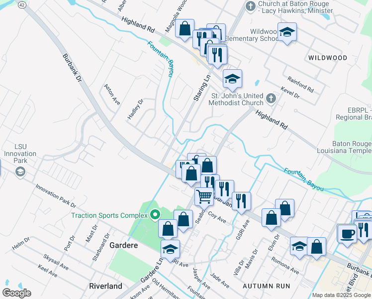 map of restaurants, bars, coffee shops, grocery stores, and more near 8227 Bayou Fountain Avenue in Baton Rouge