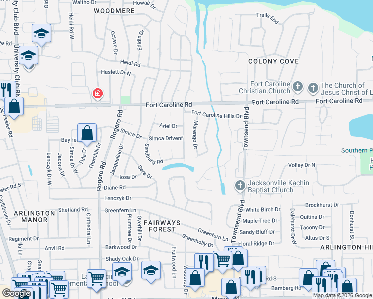 map of restaurants, bars, coffee shops, grocery stores, and more near 3527 Hermitage Road East in Jacksonville