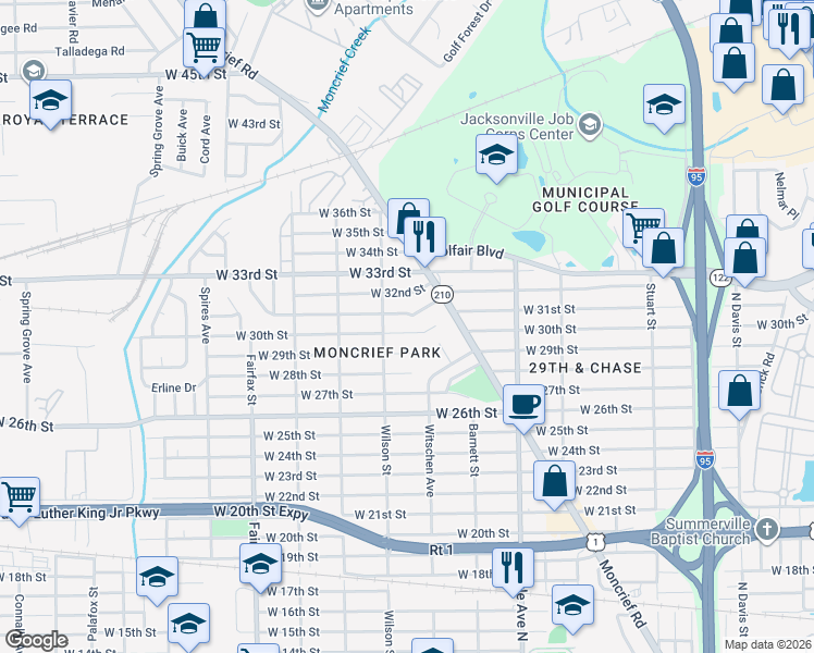 map of restaurants, bars, coffee shops, grocery stores, and more near 1525 West 30th Street in Jacksonville
