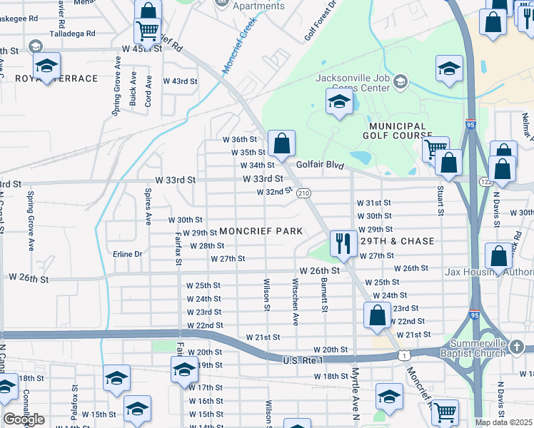 map of restaurants, bars, coffee shops, grocery stores, and more near 1525 West 30th Street in Jacksonville