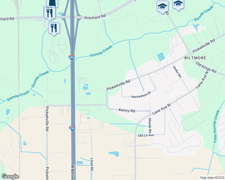 map of restaurants, bars, coffee shops, grocery stores, and more near 6254 Pickettville Road in Jacksonville