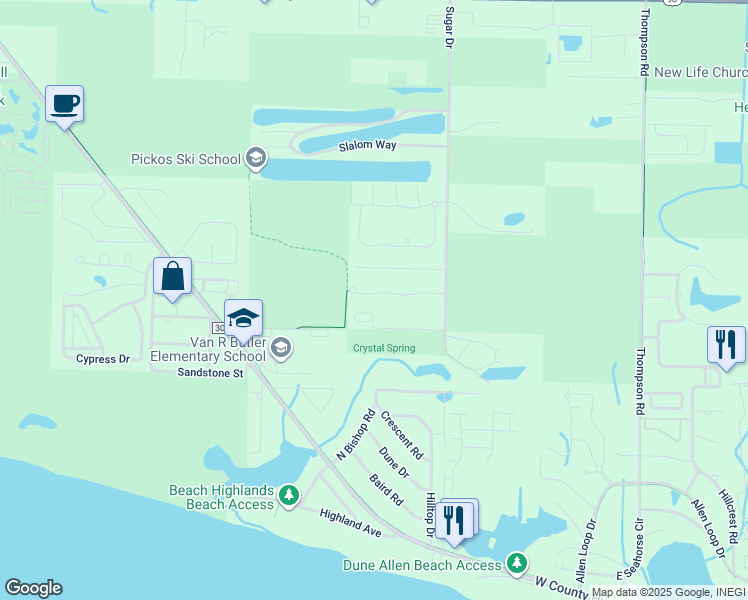 map of restaurants, bars, coffee shops, grocery stores, and more near 177 Vía Largo in Santa Rosa Beach