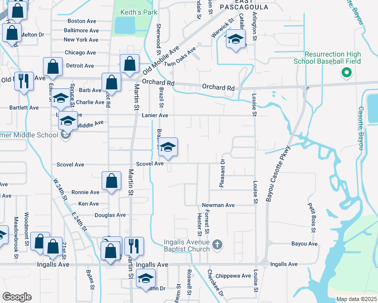 map of restaurants, bars, coffee shops, grocery stores, and more near 4203 Scovel Avenue in Pascagoula