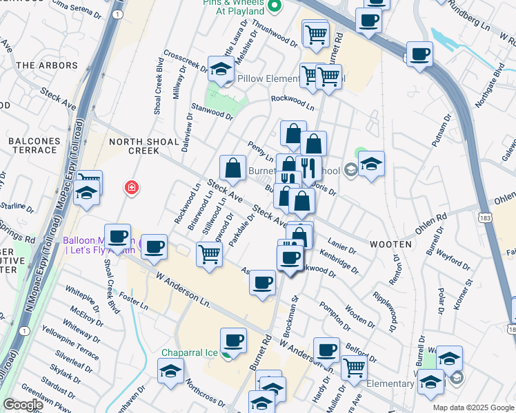 map of restaurants, bars, coffee shops, grocery stores, and more near 8201 Parkdale Drive in Austin