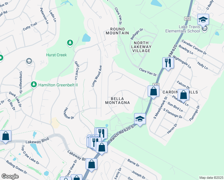 map of restaurants, bars, coffee shops, grocery stores, and more near 304 Bella Montagna Circle in Austin
