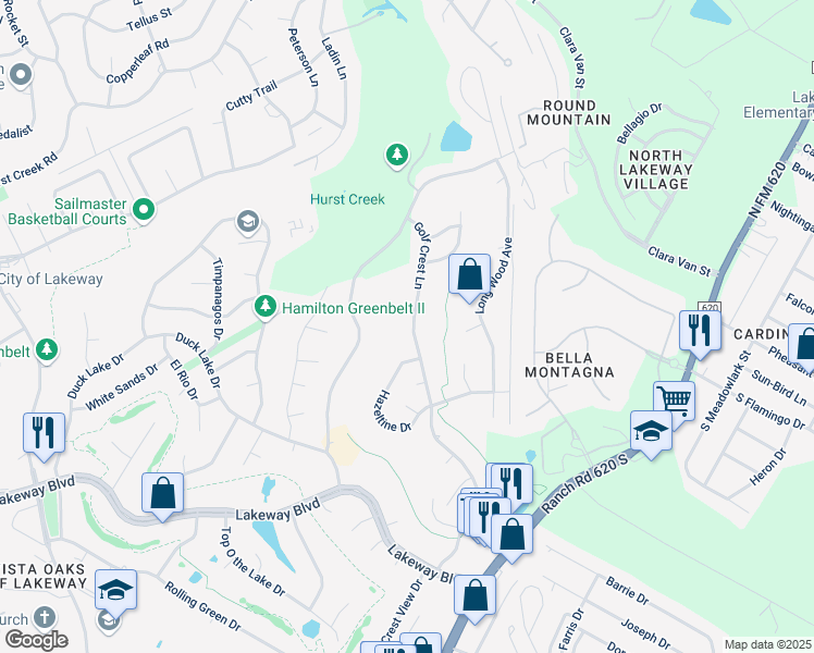map of restaurants, bars, coffee shops, grocery stores, and more near 707 Golf Crest Lane in Lakeway