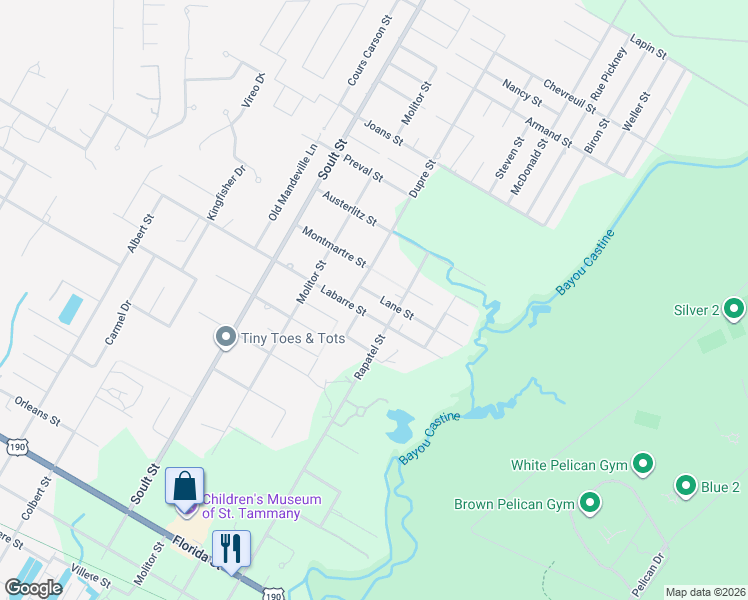map of restaurants, bars, coffee shops, grocery stores, and more near 770 Lane Street in Mandeville