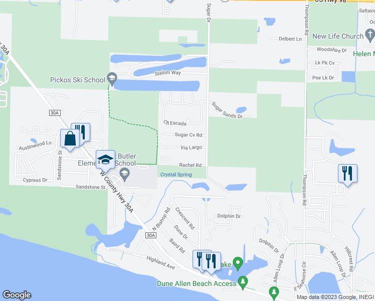 map of restaurants, bars, coffee shops, grocery stores, and more near 89 Vía Largo in Santa Rosa Beach