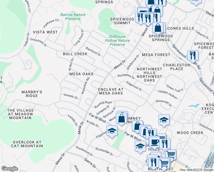 map of restaurants, bars, coffee shops, grocery stores, and more near 7305 Mesa Drive in Austin