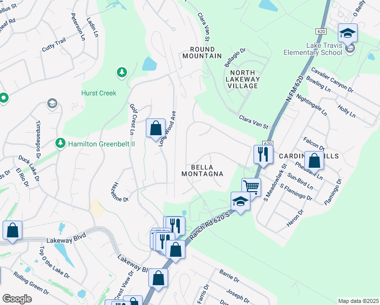 map of restaurants, bars, coffee shops, grocery stores, and more near 304 Bella Montagna Circle in Austin