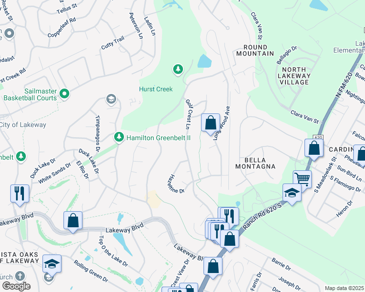 map of restaurants, bars, coffee shops, grocery stores, and more near 707 Golf Crest Lane in Lakeway