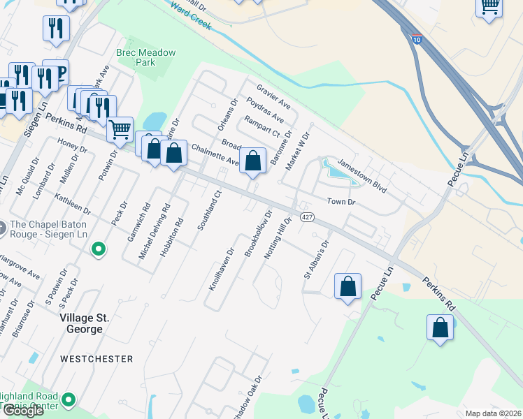 map of restaurants, bars, coffee shops, grocery stores, and more near 1665 Brookhollow Drive in Baton Rouge