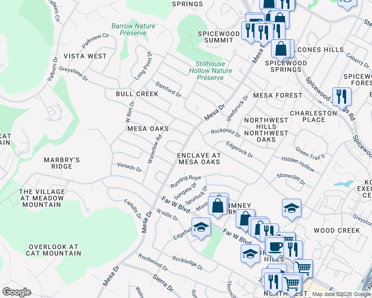 map of restaurants, bars, coffee shops, grocery stores, and more near 7305 Mesa Drive in Austin