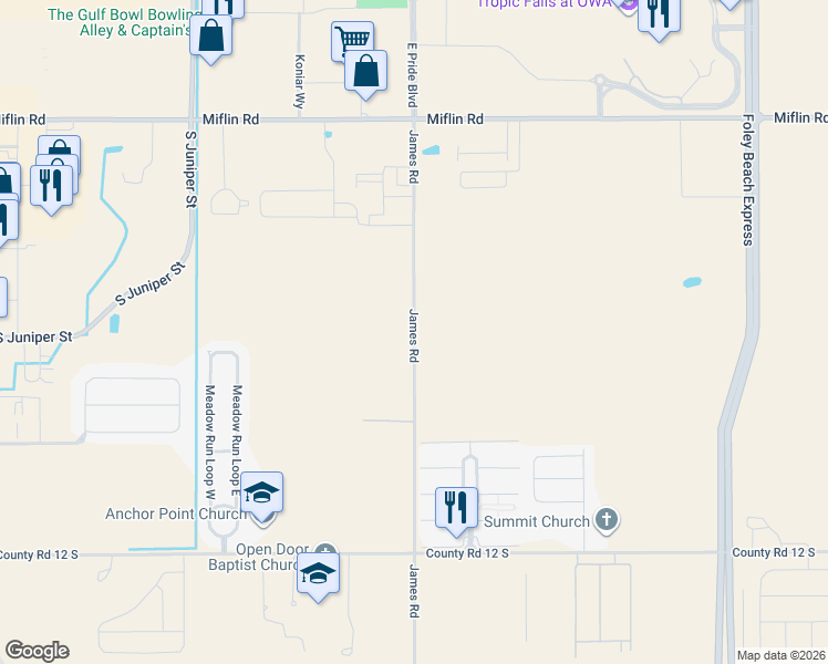 map of restaurants, bars, coffee shops, grocery stores, and more near 9520 James Rd in Foley